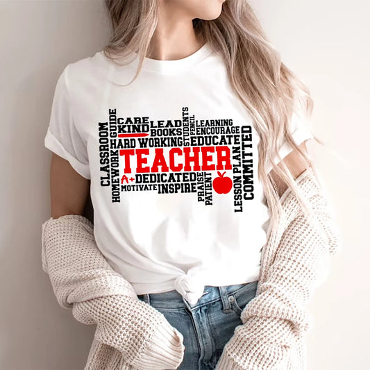 Teacher Women Summer White T-shirt Fashion Casual Regular Graphic Print Short Sleeve Tops Female Matching Clothes Teacher's Gift