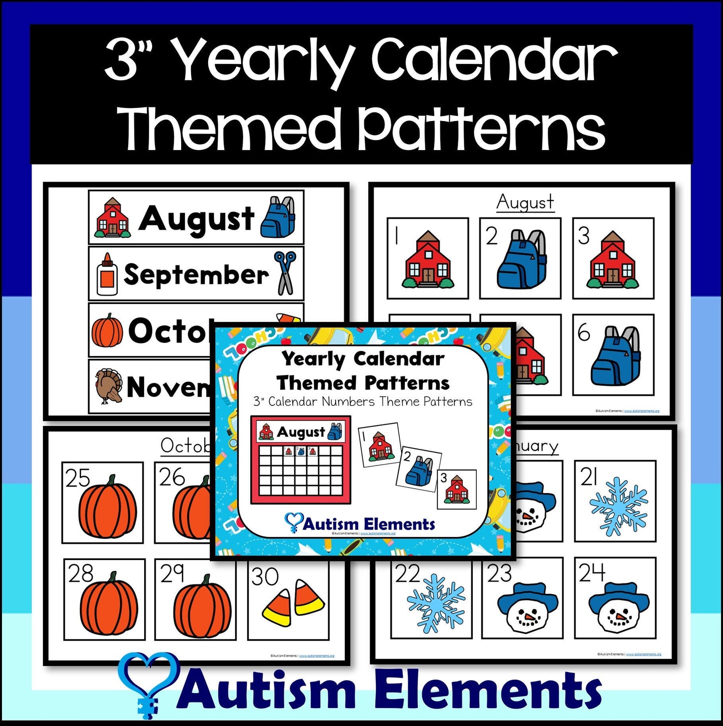 3" Calendar Visual Themed Patterns- Math- Autism Preschool SPED Resources