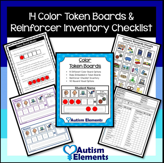 14 Color Token Boards W/ 40 Reinforcer Visuals & Reinforcer Checklist Inventory